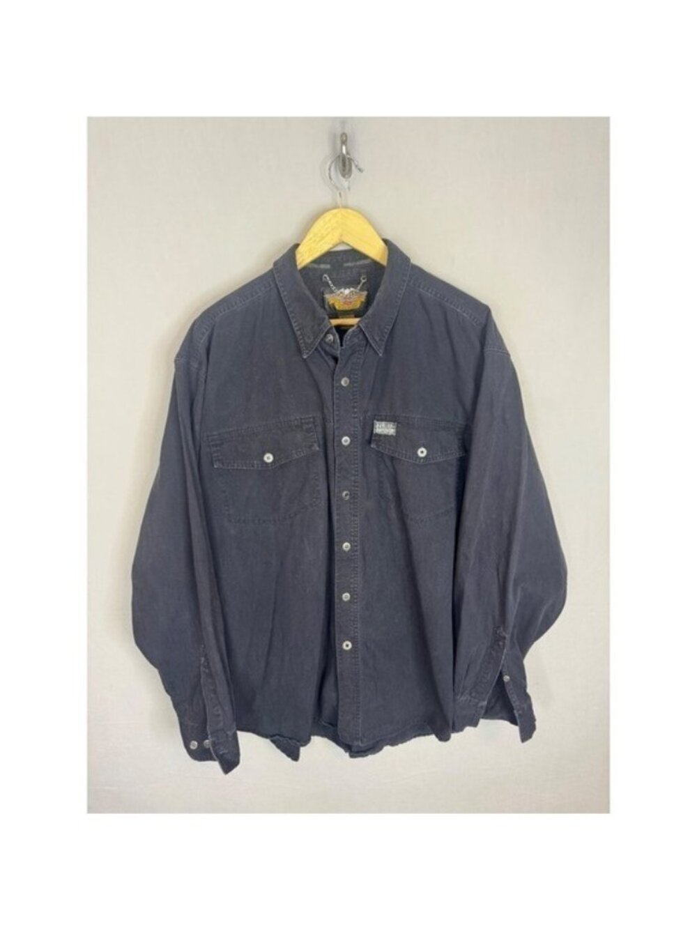 Harley Davidson Mens XL Black Canvas Button Down Shirt Fall 2003 Graphic Back